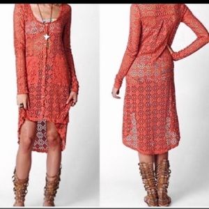 Free People Beach Love Song Coral Maxi Button Boho Style Cardigan Duster Small